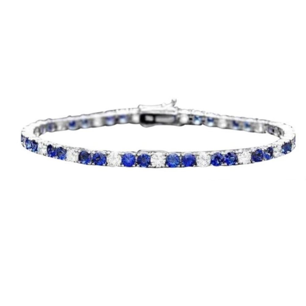 9.00 Natural Blue Sapphire and Diamond 18K Solid White Gold Bracelet
